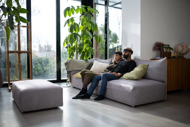 Person wearing Cogwear headband in a natural setting